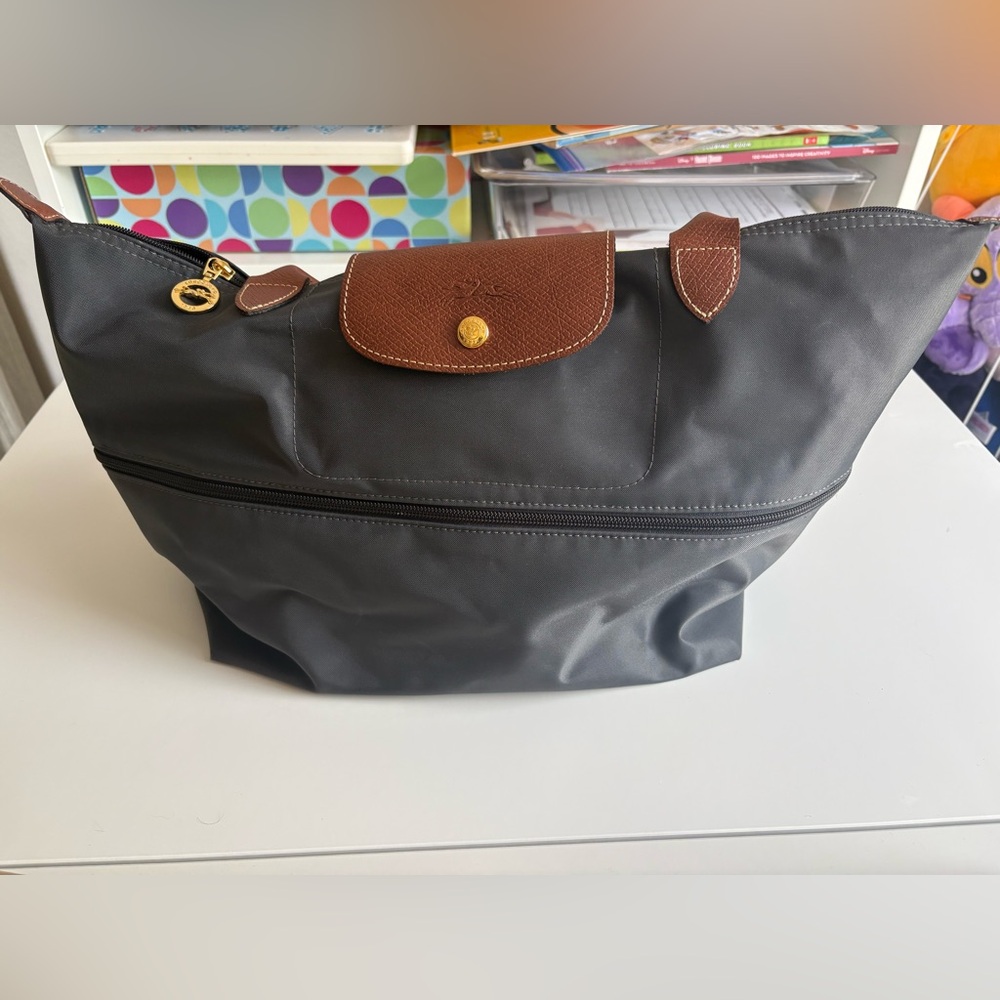 Longchamp Black Nylon Tote with Brown Leather Trim